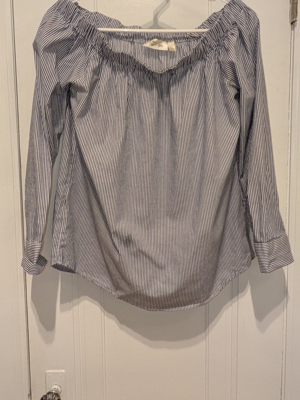 RD Style Striped Off-Shoulder Long Sleeve Top in Blue and White